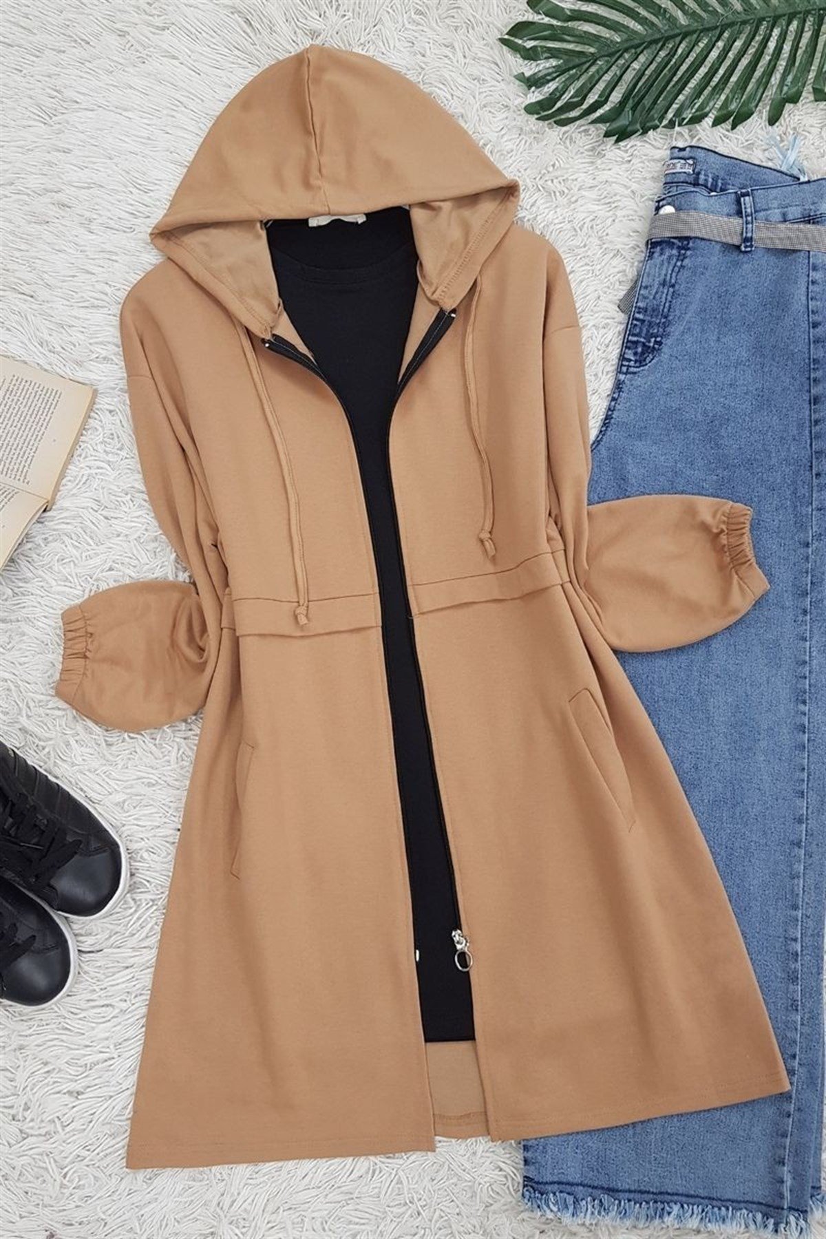 Kapşonlu Fermuarlı Sweat -Vizon