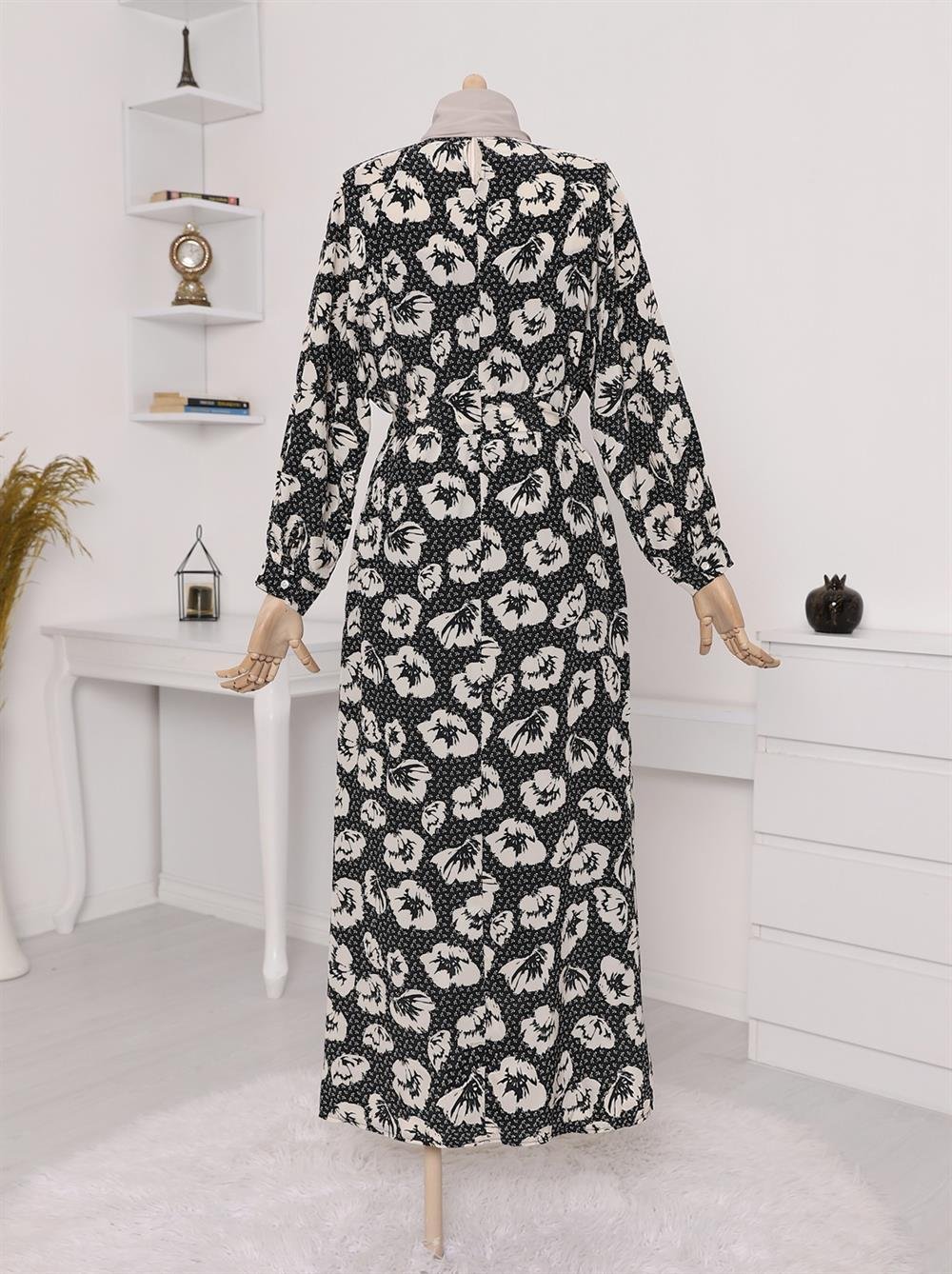 Çiçek Baskılı İçlik Takımlı Elbise -Siyah