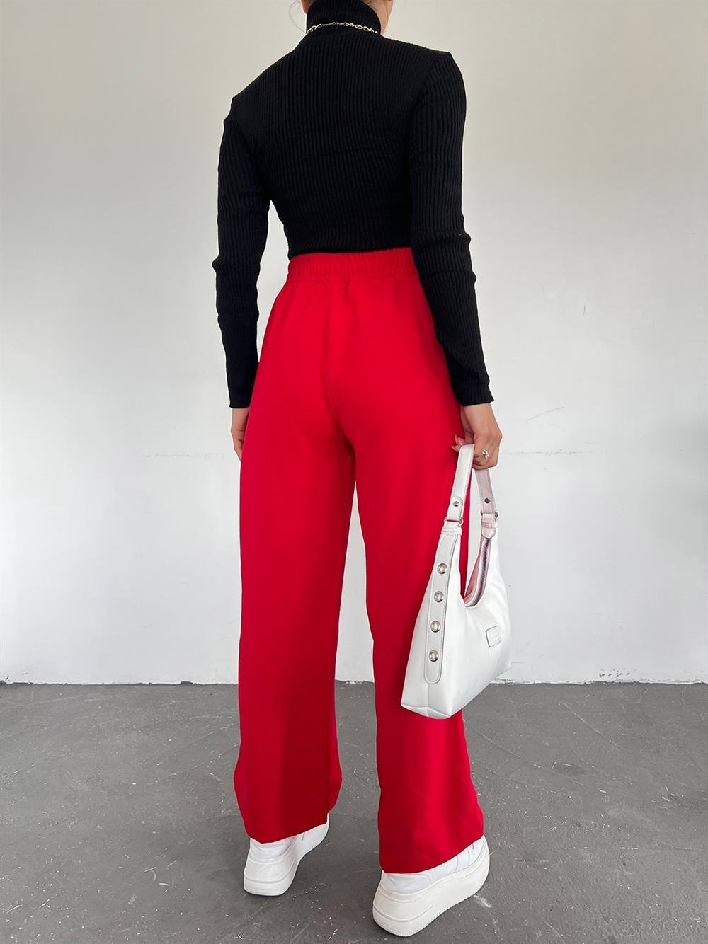 Beli Lastikli Bağcık Detaylı Ayrobin Pantolon -Kırmızı