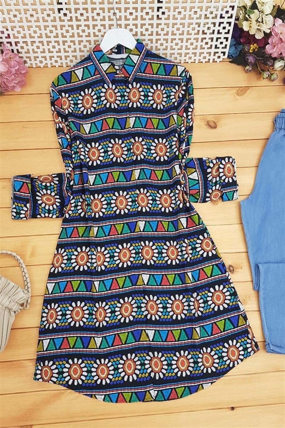 Nakış Desenli Tunik -Siyah