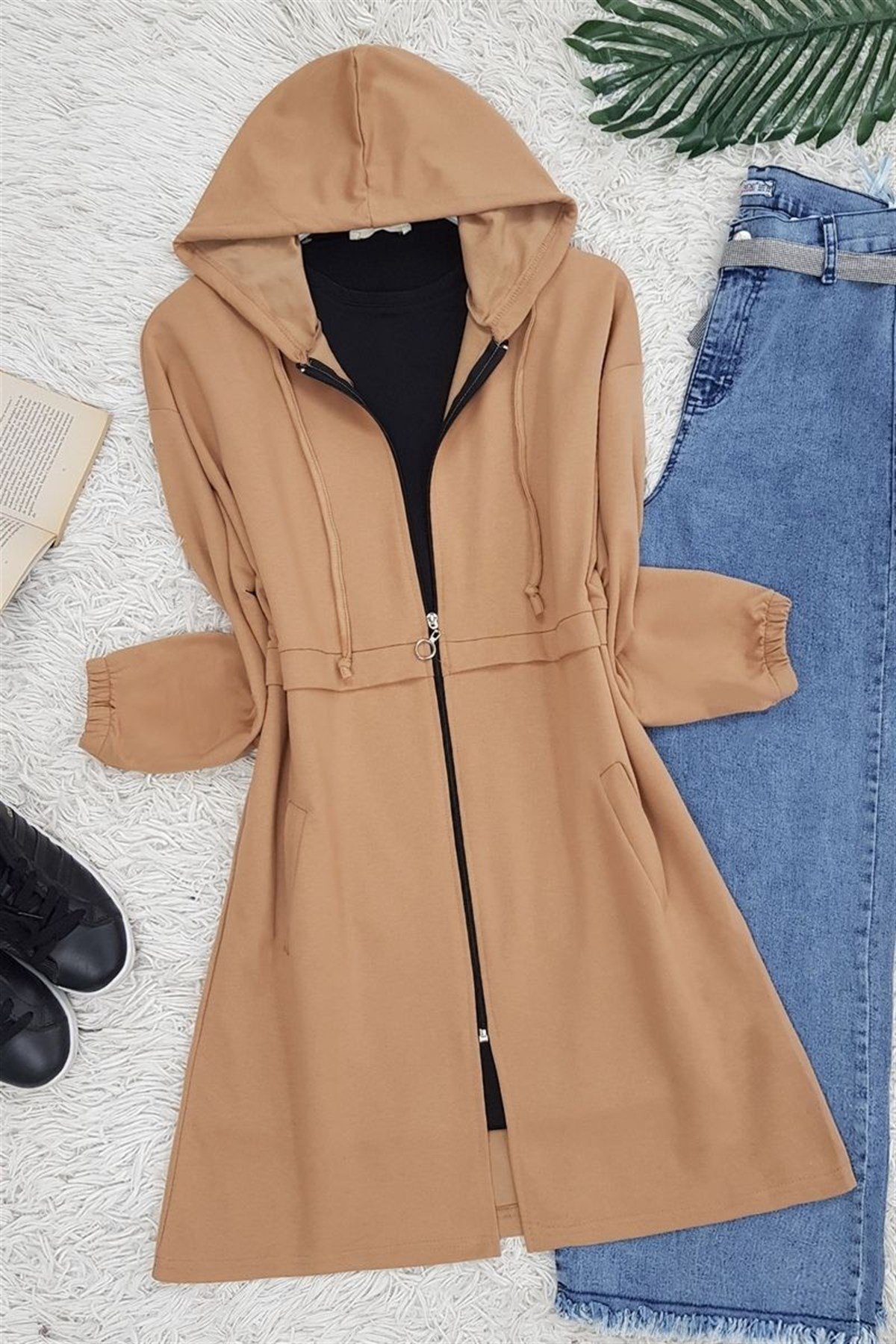 Kapşonlu Fermuarlı Sweat -Vizon