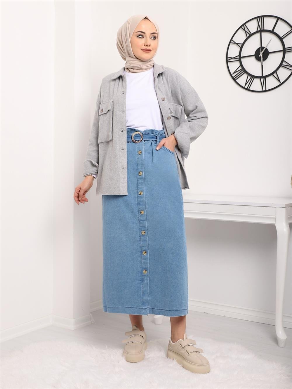 Boydan Düğmeli Tokalı Kot Etek -Mavi