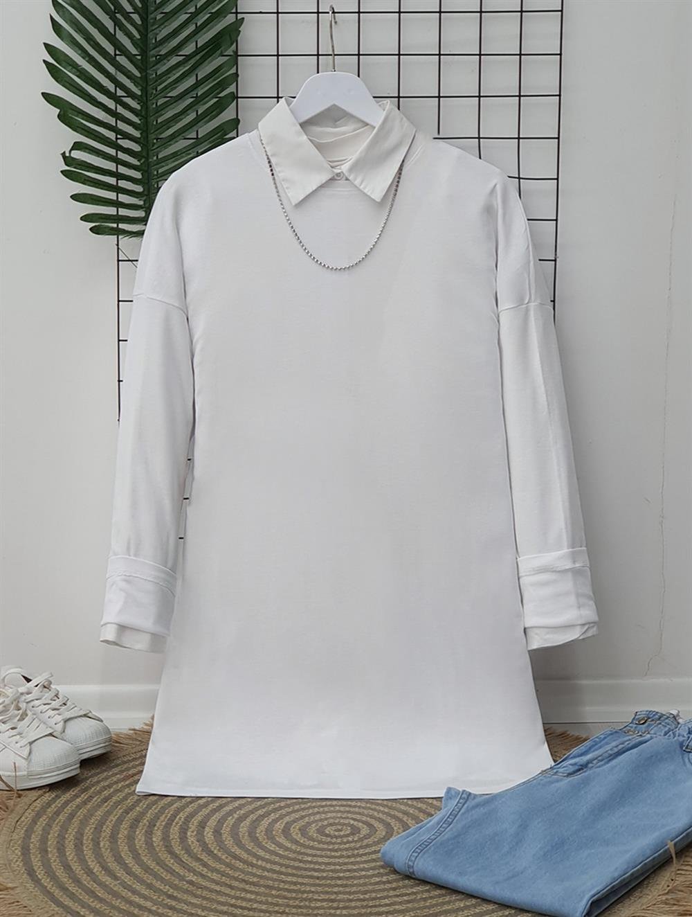 Uzun Kollu Düz Sweat -Beyaz