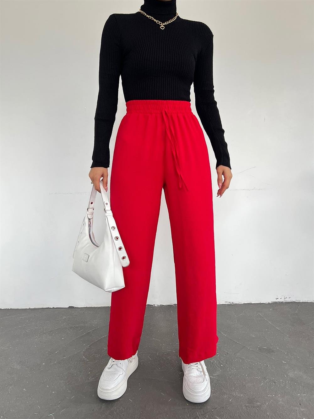 Beli Lastikli Bağcık Detaylı Ayrobin Pantolon -Kırmızı