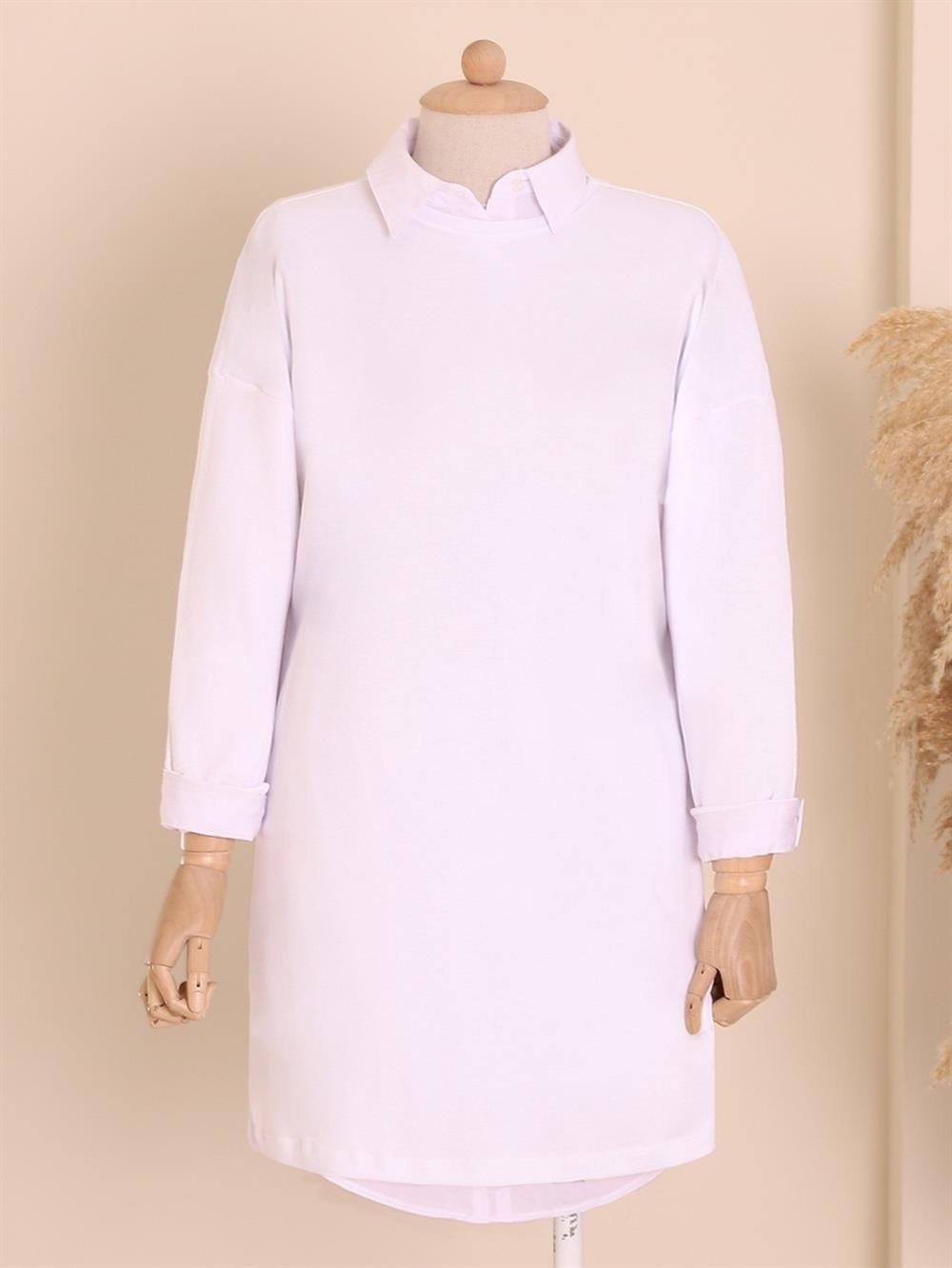 Uzun Kollu Düz Sweat -Beyaz