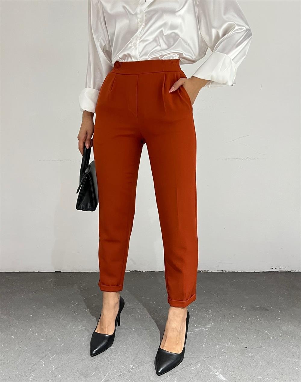 Beli Lastikli Pantolon -Açık Kiremit