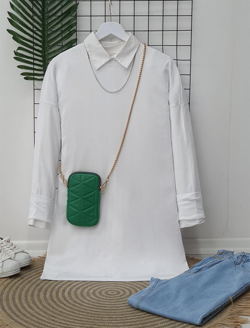 Uzun Kollu Düz Sweat -Beyaz