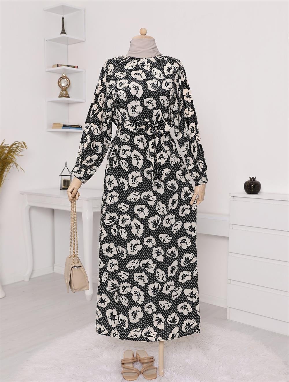 Çiçek Baskılı İçlik Takımlı Elbise -Siyah