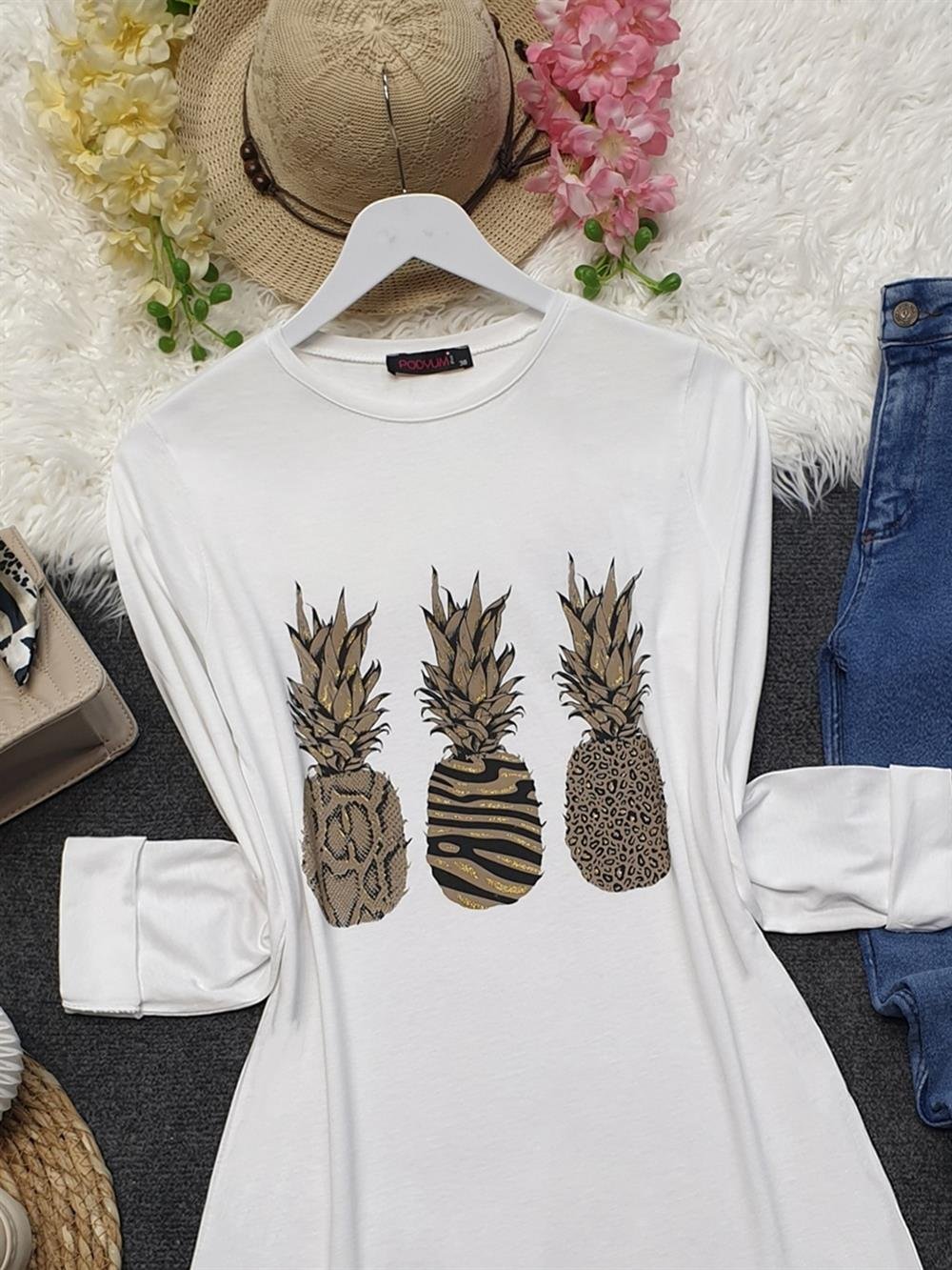 Ananas Desenli Tunik -Beyaz