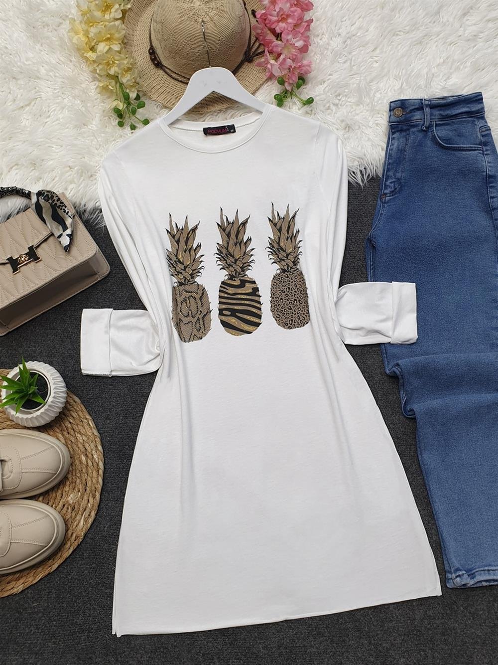 Ananas Desenli Tunik -Beyaz