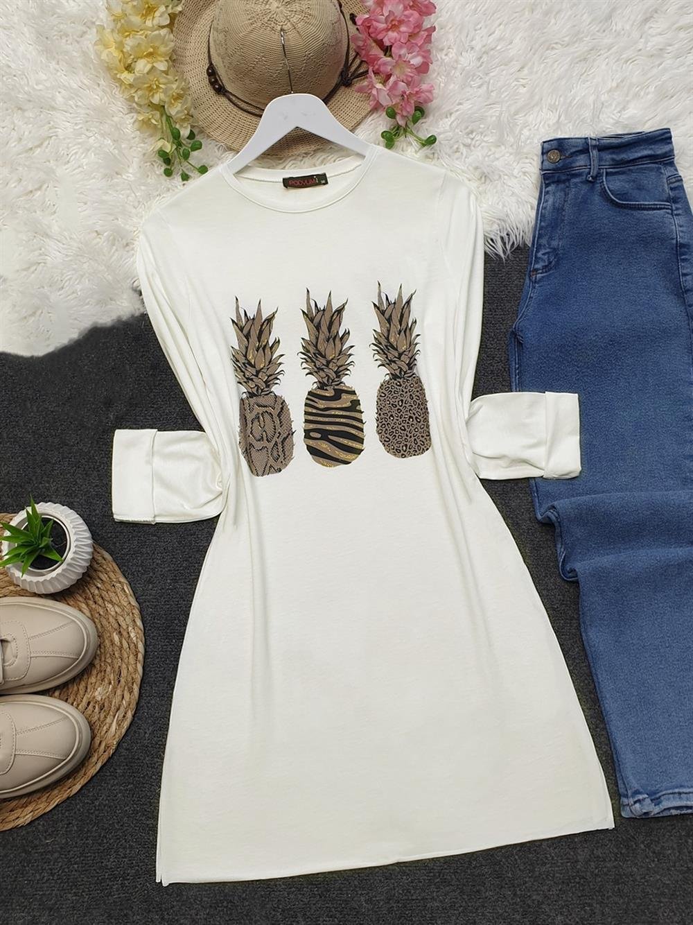 Ananas Desenli Tunik -Ekru