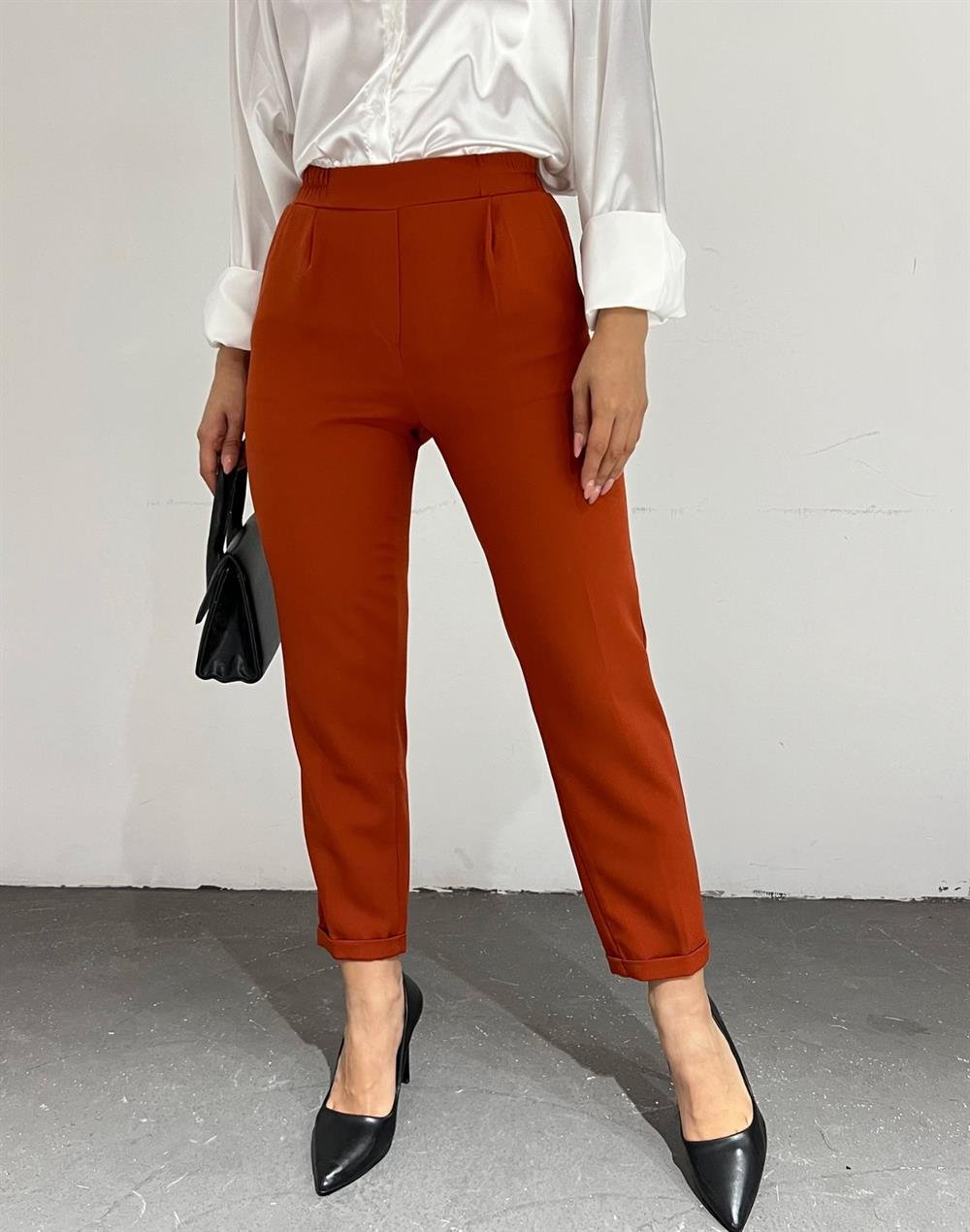 Beli Lastikli Pantolon -Açık Kiremit