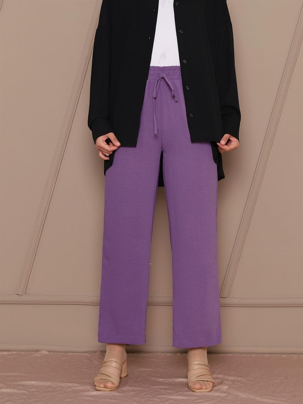 Beli Lastikli Bağcık Detaylı Ayrobin Pantolon -Lila